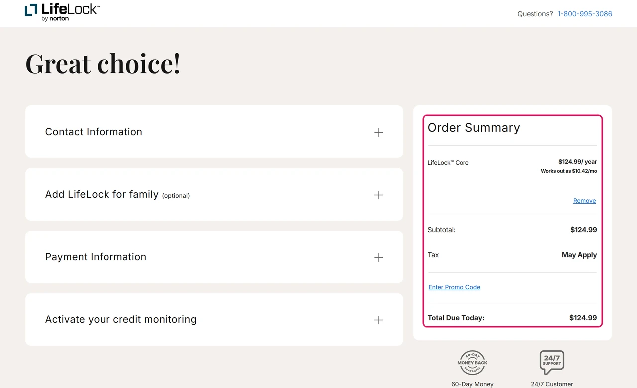 LifeLock checkout order summary for Core at $124.99 with tax listed as may apply
