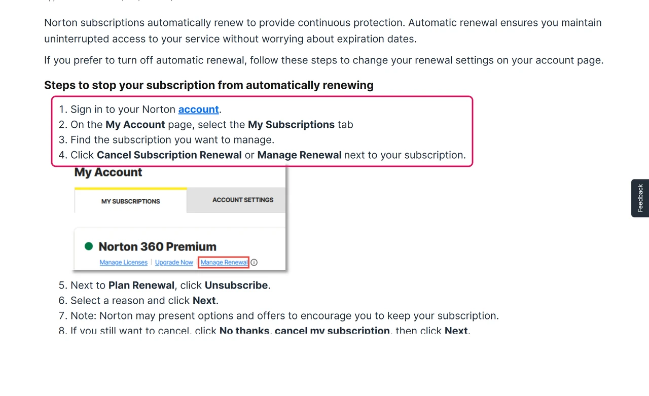 Norton help article listing steps to stop a LifeLock subscription from renewing