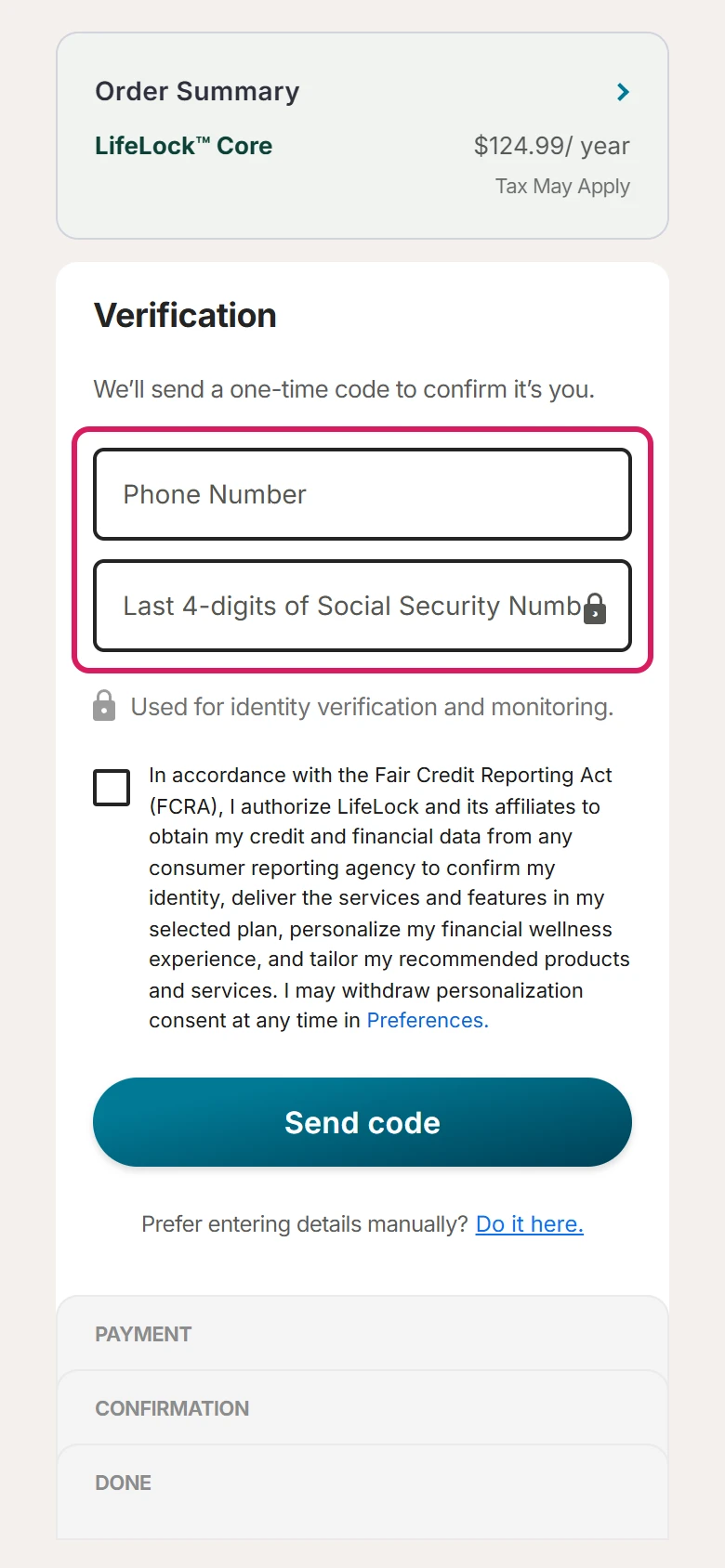 LifeLock checkout on a phone-width screen asking for a phone number and the last 4 digits of the Social Security number