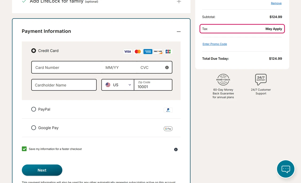 LifeLock checkout payment step with card, PayPal and Google Pay and tax still listed as may apply
