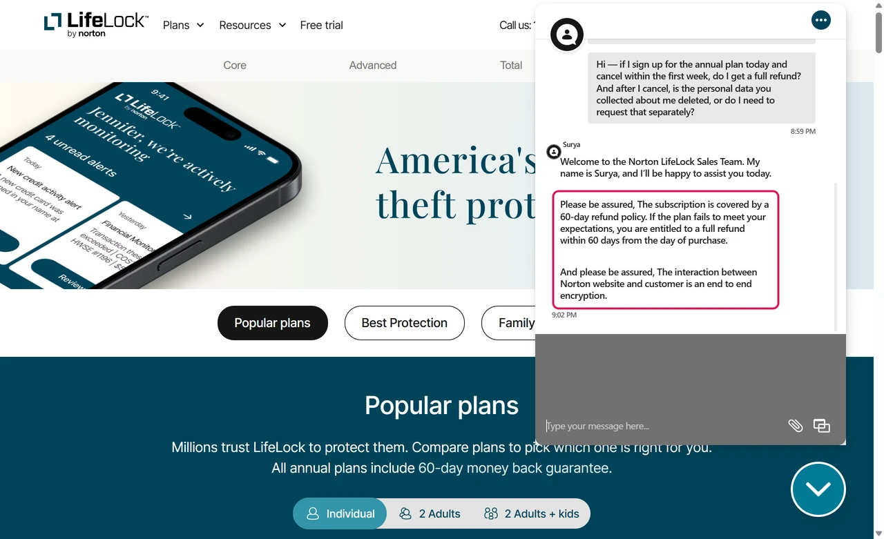 LifeLock sales chat reply about the 60-day refund policy