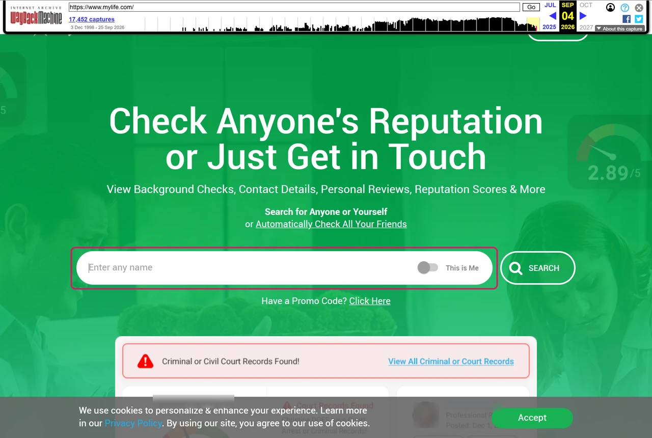 Archived MyLife homepage with a name search box, a This is Me toggle and a Search button