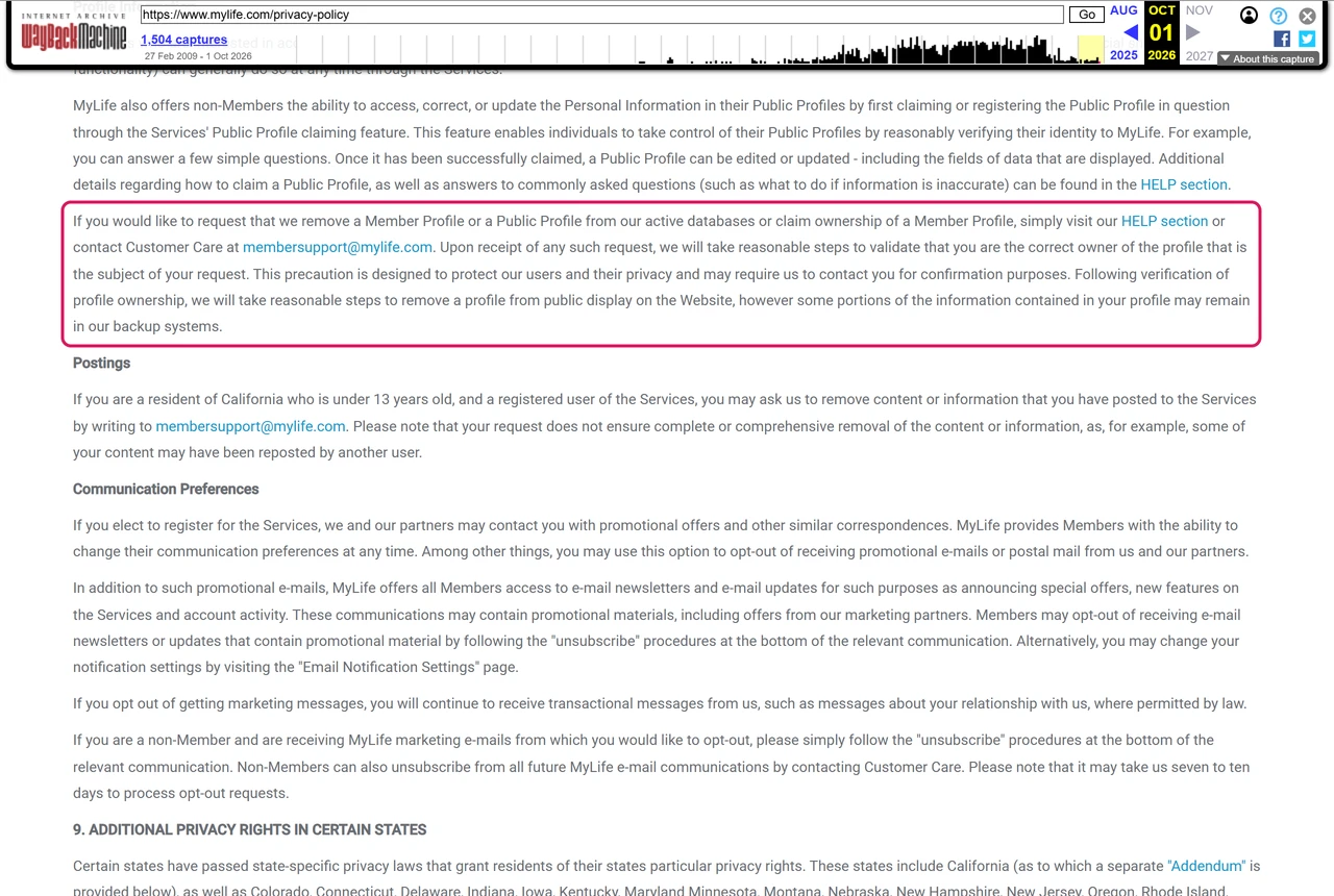 Archived MyLife privacy policy paragraph on requesting removal of a Member Profile or Public Profile through the Help section or Customer Care