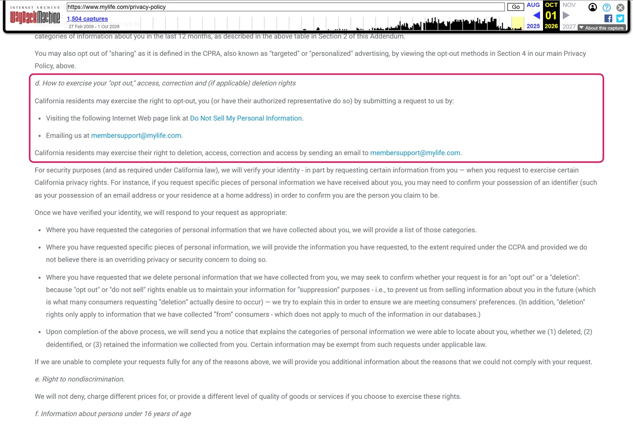 Archived MyLife CCPA addendum listing how California residents exercise opt-out, access, correction and deletion rights by web link or email