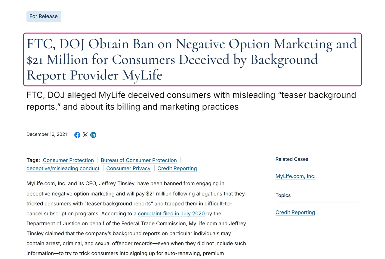FTC press release headline: FTC, DOJ Obtain Ban on Negative Option Marketing and $21 Million for Consumers Deceived by Background Report Provider MyLife