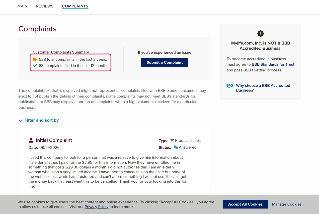 BBB profile for Mylife.com, Inc. showing 528 total complaints in the last 3 years and 83 in the last 12 months, not BBB accredited