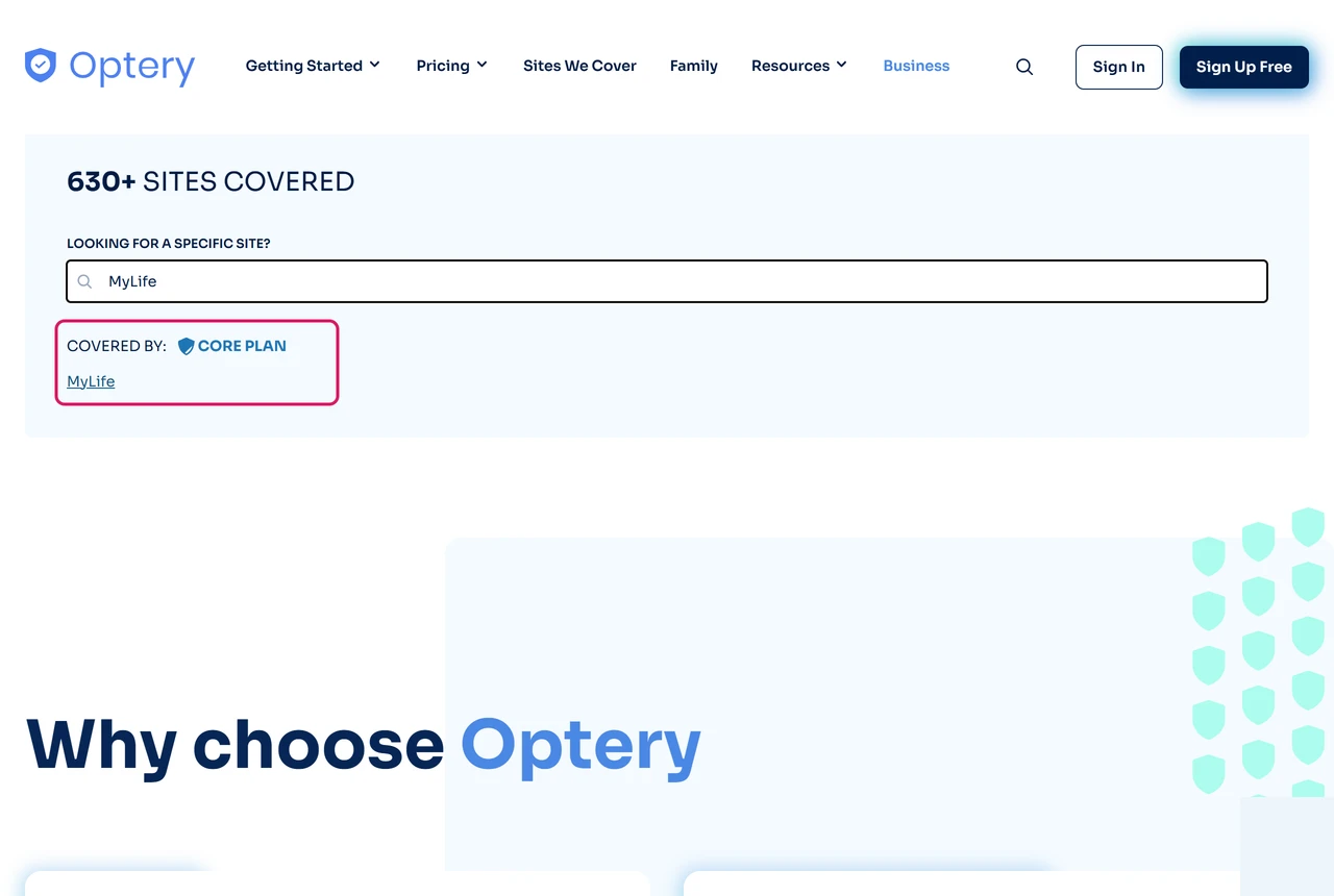 Optery pricing page site search showing MyLife covered by the Core plan
