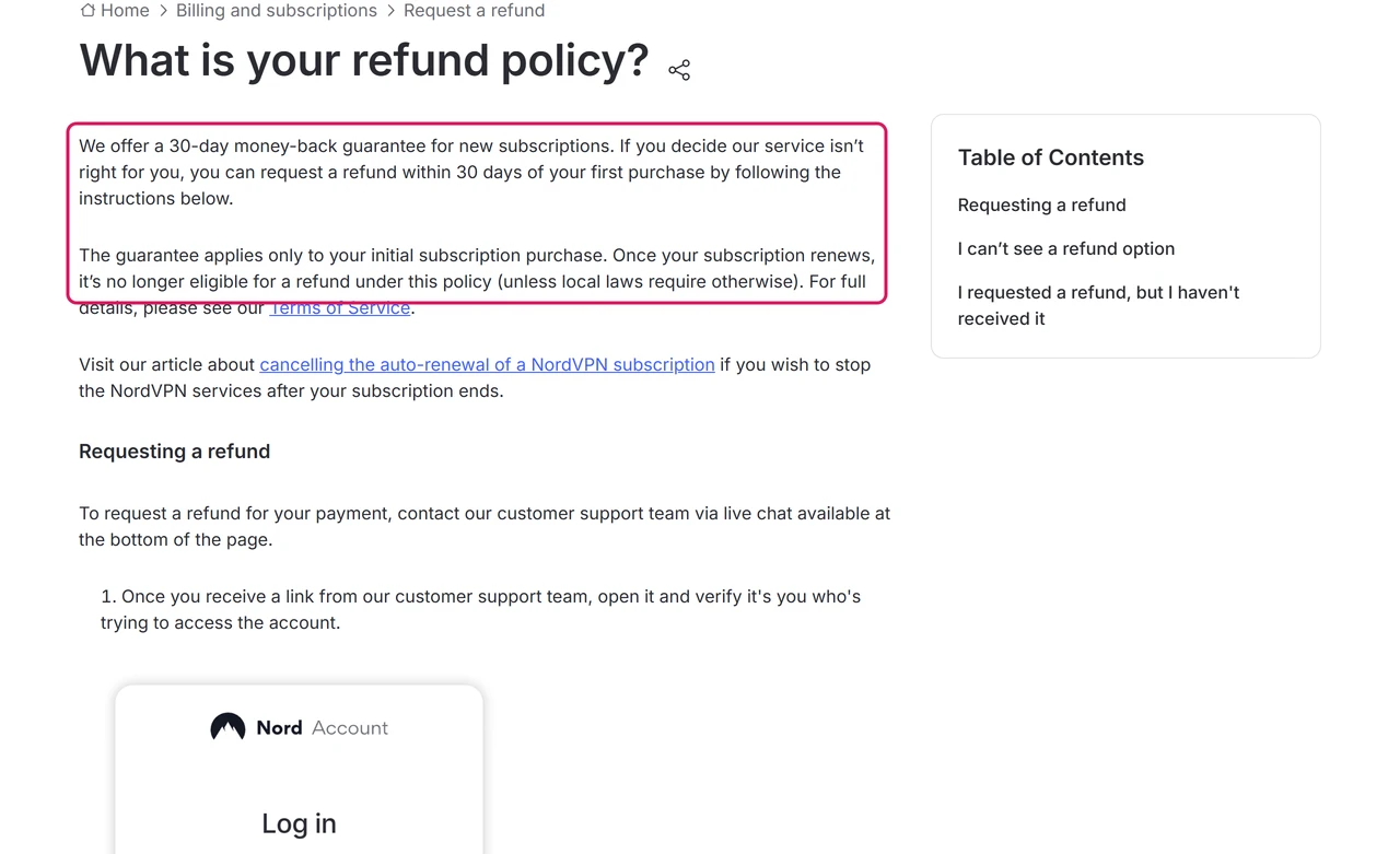 NordVPN help article on the refund policy with the paragraph limiting the 30-day guarantee to the initial subscription purchase highlighted