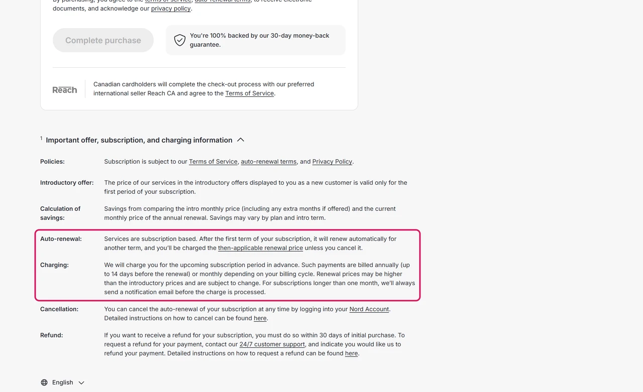 NordVPN checkout offer terms with the auto-renewal and charging paragraphs highlighted, including billing up to 14 days before the renewal