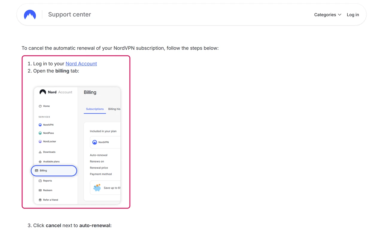 NordVPN help article on canceling auto-renewal with the first steps highlighted: log in to the Nord Account and open the Billing tab
