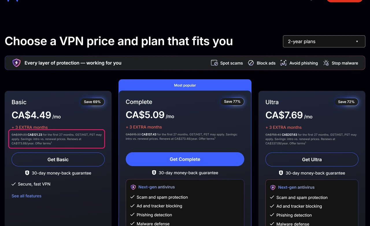 NordVPN pricing page in the 2-year view with Basic, Complete and Ultra cards in Canadian dollars and the Basic renewal price line highlighted