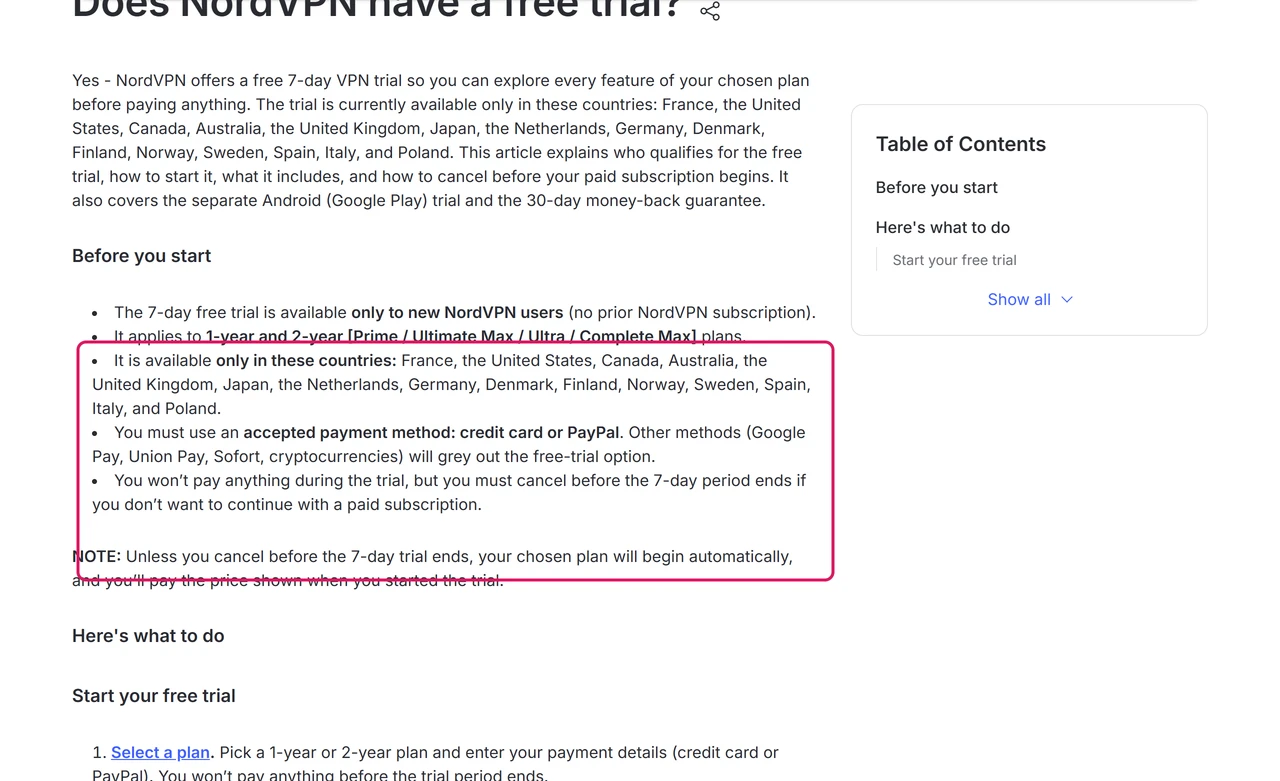 NordVPN help article on the free trial with the conditions list highlighted: new users only, 1-year and 2-year plans, listed countries and a credit card or PayPal required