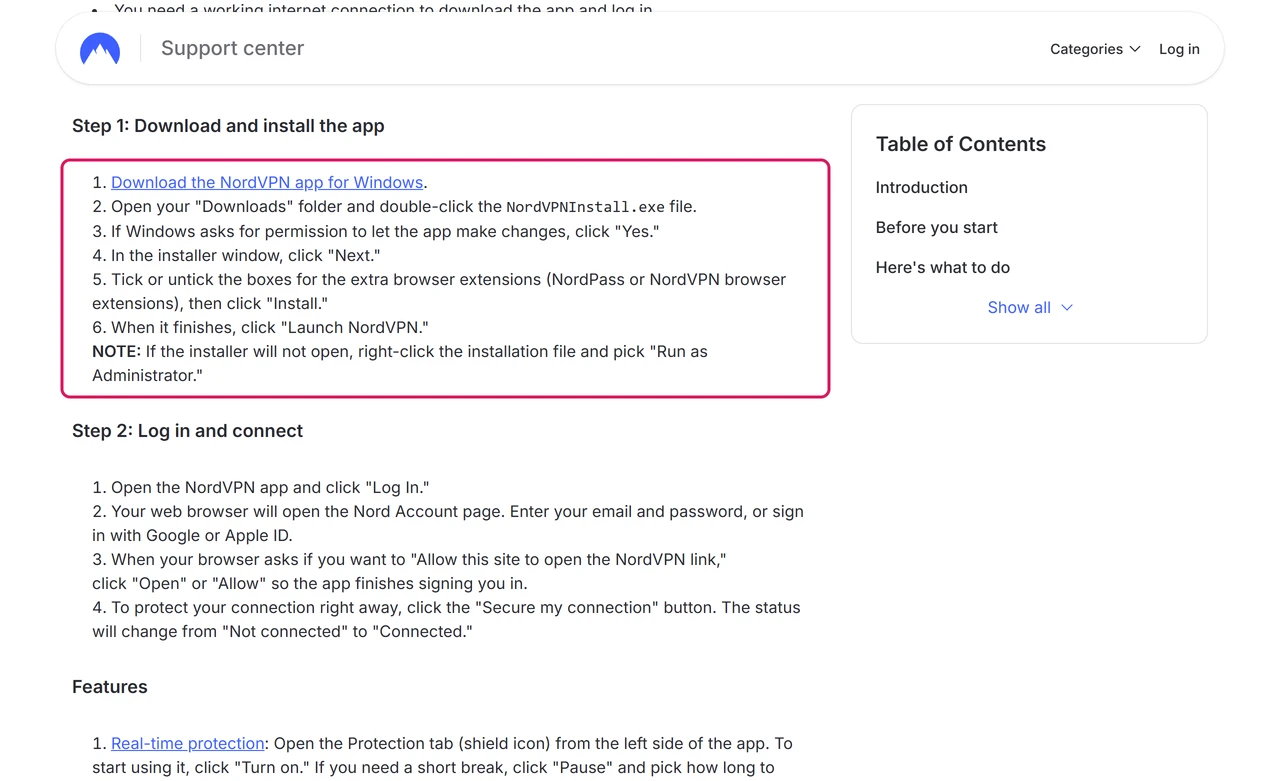 NordVPN help article on installing the Windows app with the numbered install steps highlighted