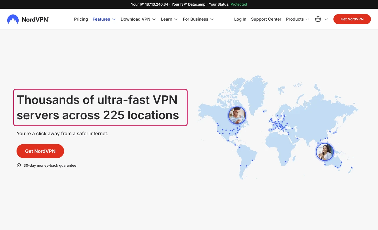 NordVPN servers page headline saying thousands of VPN servers across 225 locations, highlighted