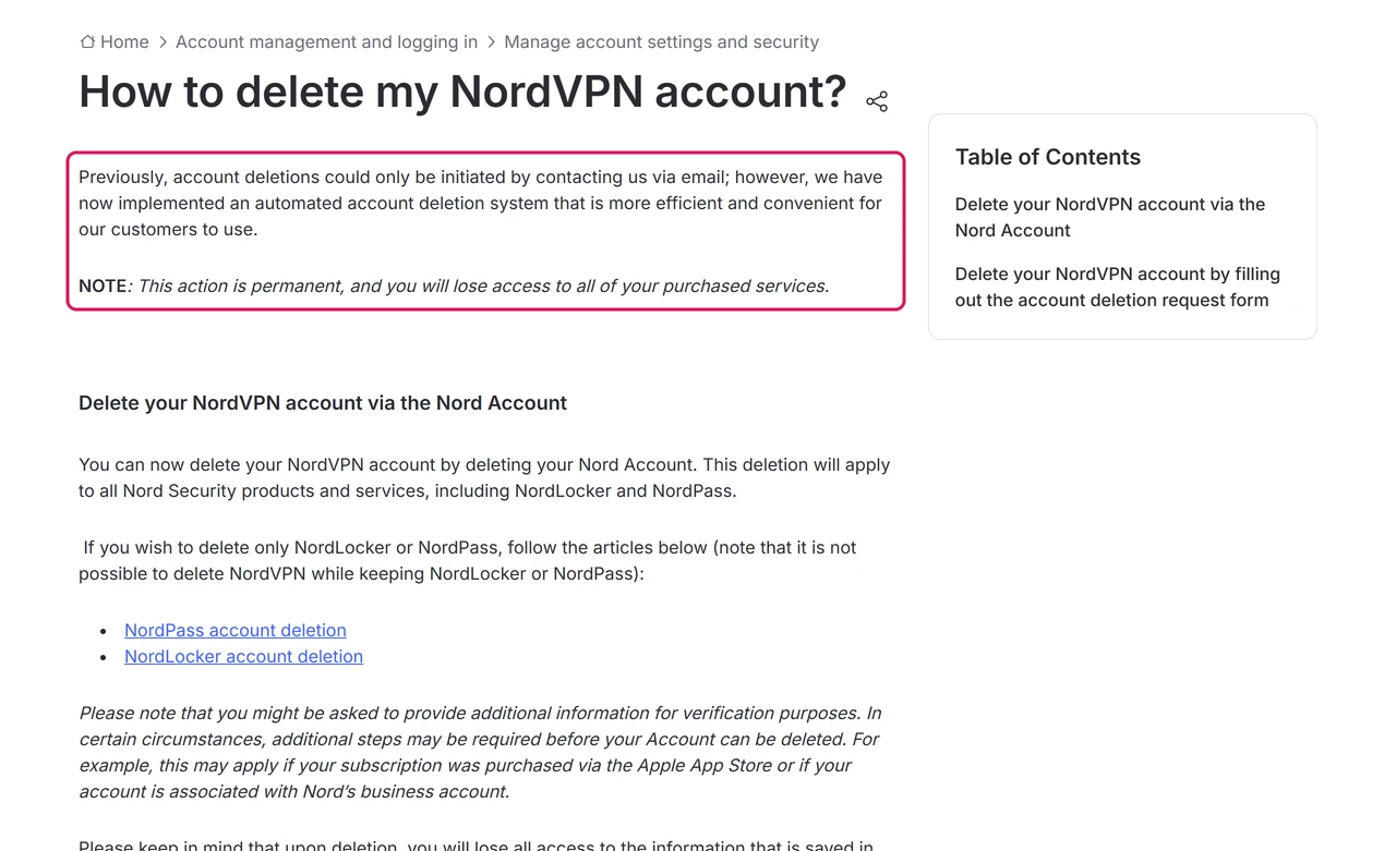 NordVPN help article on deleting an account with the paragraph about the automated account deletion system and the permanent-action note highlighted