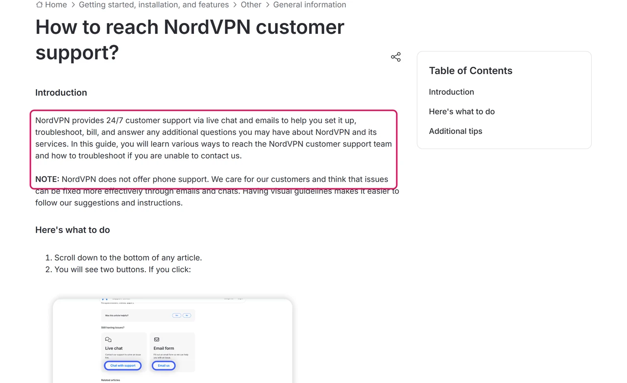 NordVPN help article on reaching customer support with the paragraph on 24/7 live chat and email and the note that there is no phone support highlighted