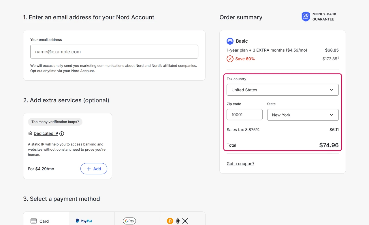 NordVPN checkout order summary for the Basic 1-year plan with tax country United States, ZIP 10001, New York sales tax 8.875 percent and a total of $74.96