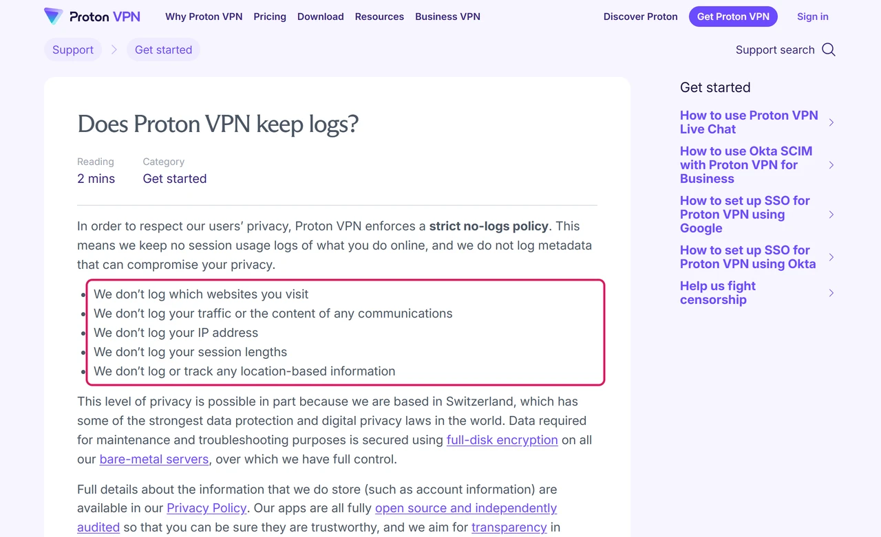 Proton VPN help article on its no-logs policy with the list of what it says it does not log highlighted