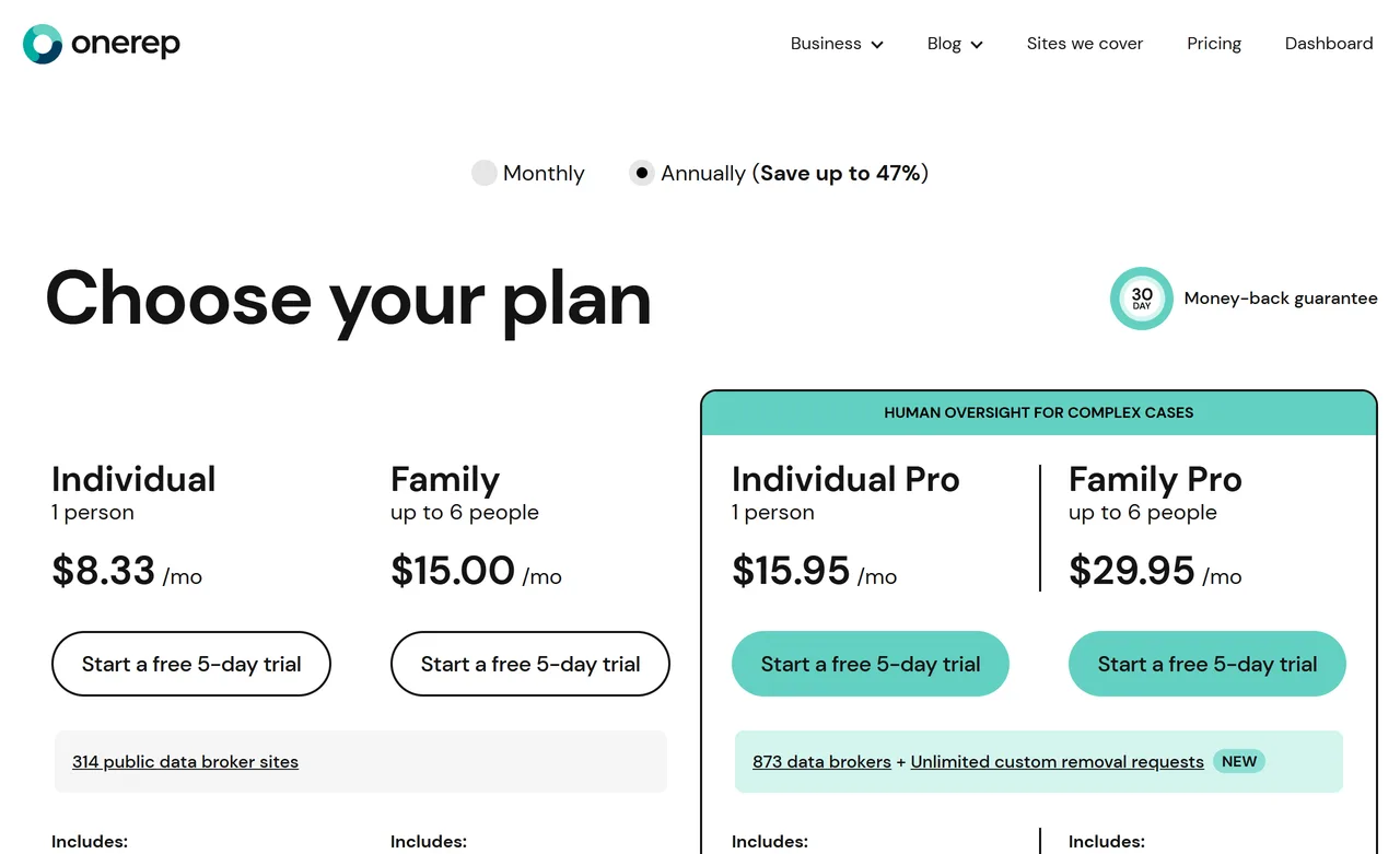 OneRep pricing page with Annually selected, showing Individual $8.33, Family $15.00, Individual Pro $15.95 and Family Pro $29.95 per month