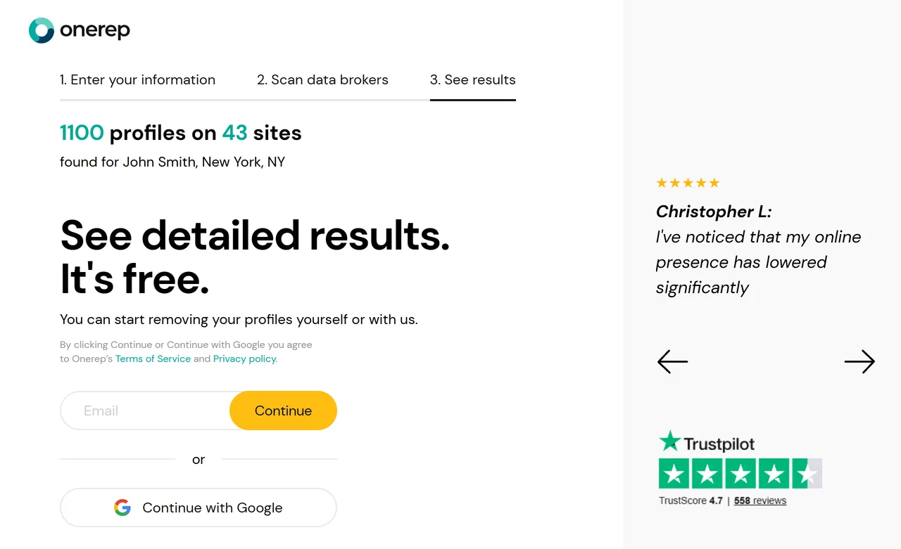 OneRep free scan result: 1100 profiles on 43 sites found for a common name in New York, with an email field to see detailed results