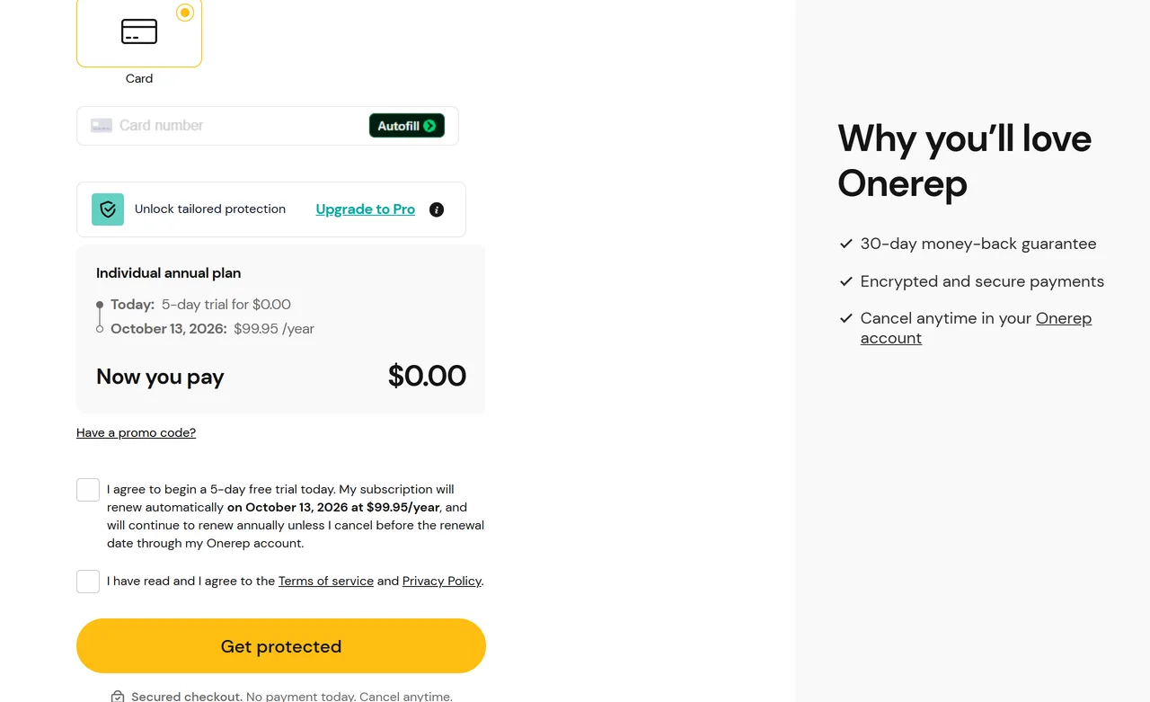 OneRep checkout for the Individual annual plan showing $0.00 today, $99.95 per year on October 13, 2026, and the auto-renewal checkbox
