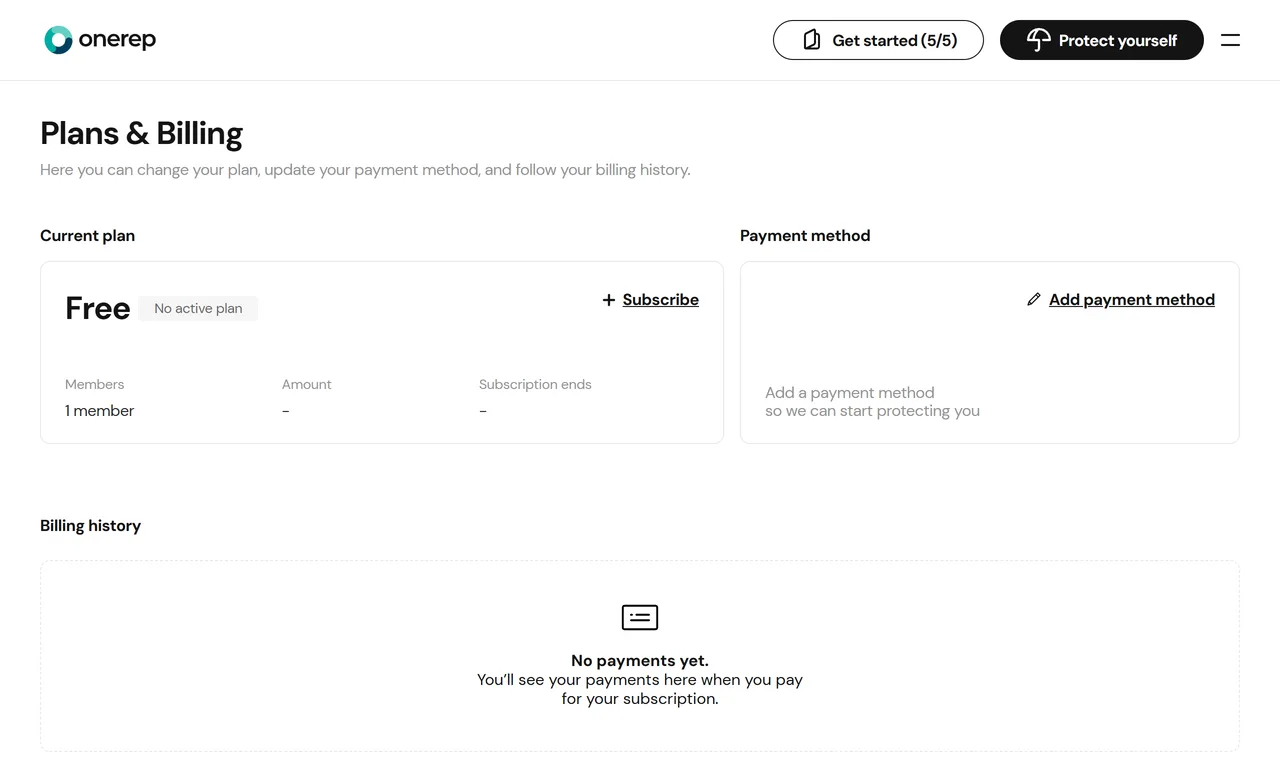 OneRep Plans and Billing page on a free account showing Current plan Free, no active plan and no payments