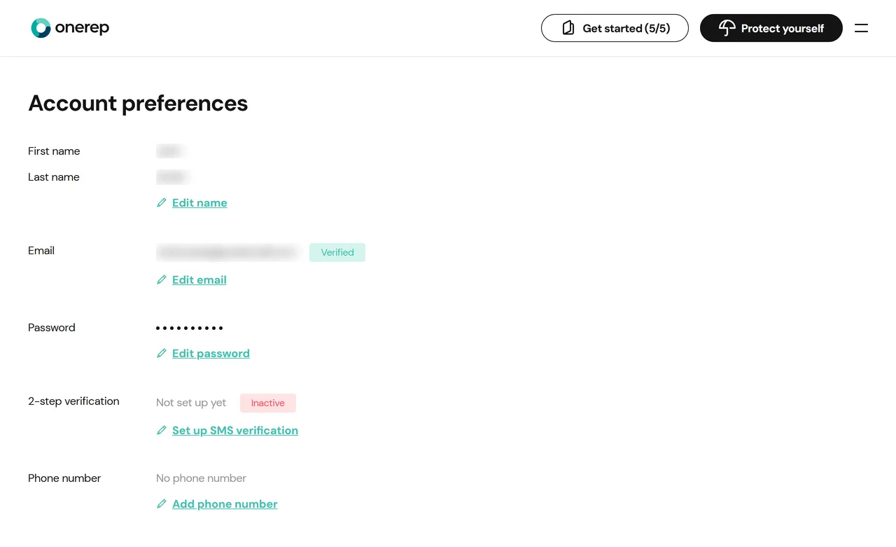 OneRep Account preferences page listing name, email, password, two-step verification and phone, with no option to delete the account