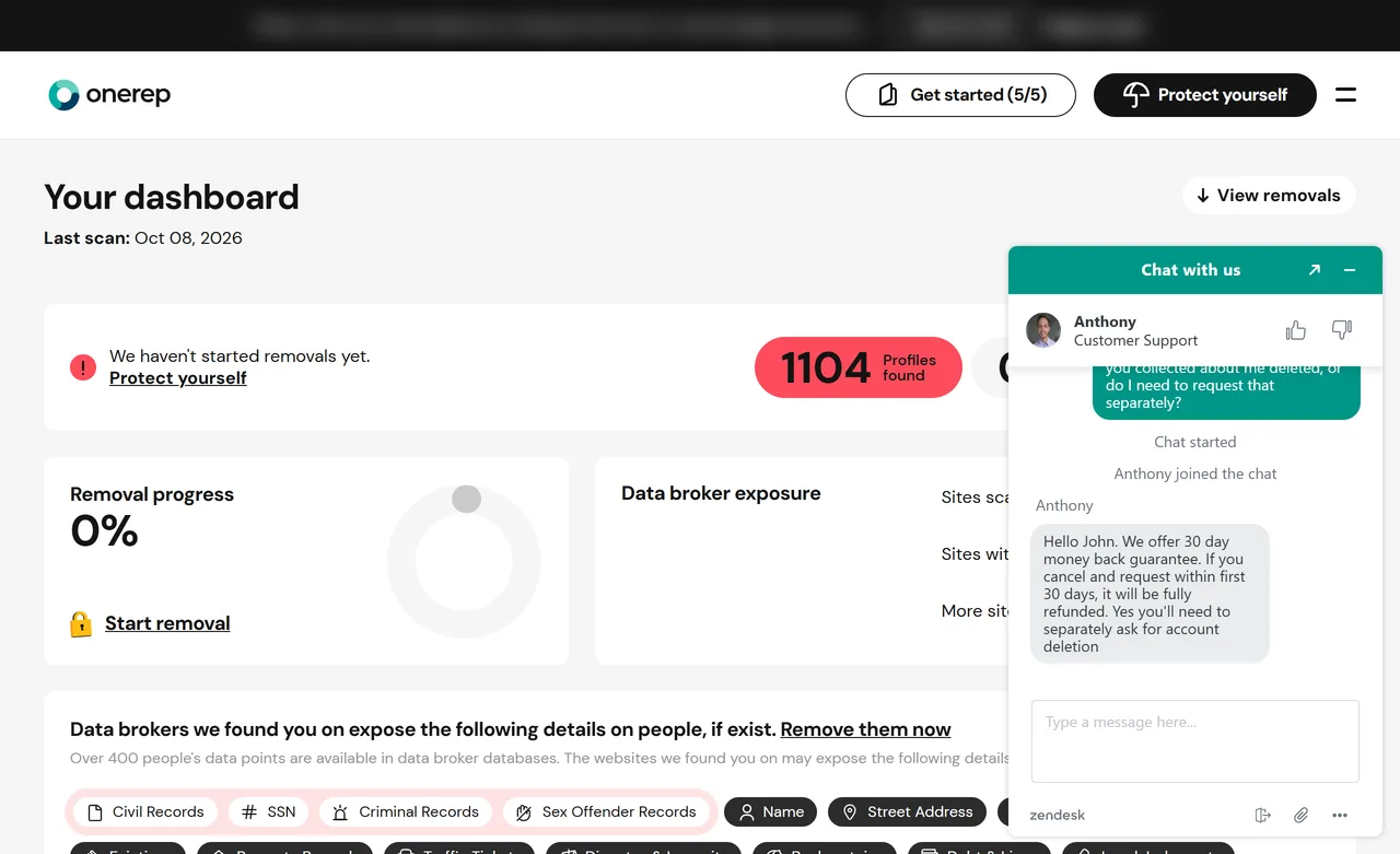 OneRep live chat with a support agent answering that refunds are given within 30 days and account deletion needs a separate request