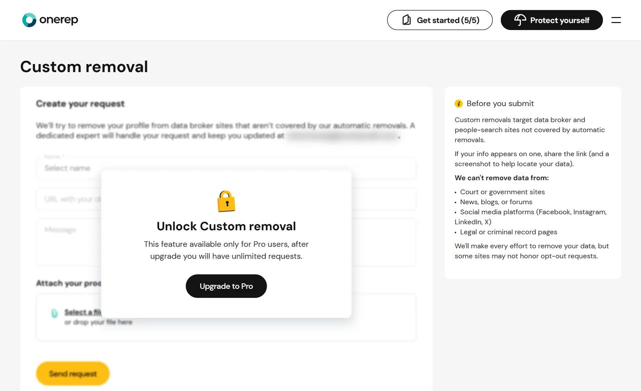 OneRep Custom removal page on a free account with an Unlock Custom removal box saying the feature is available only for Pro users