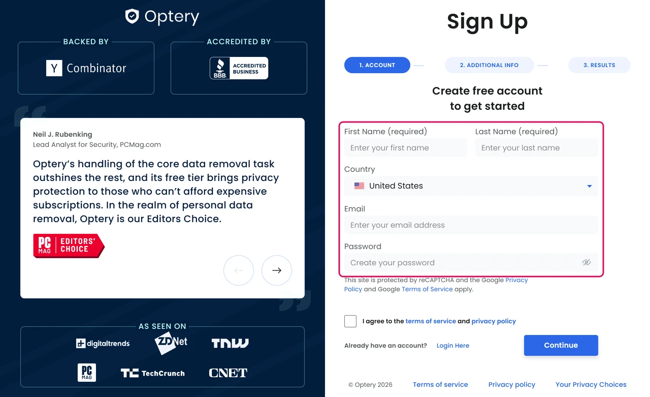Optery sign-up form asking for first name, last name, country, email and password
