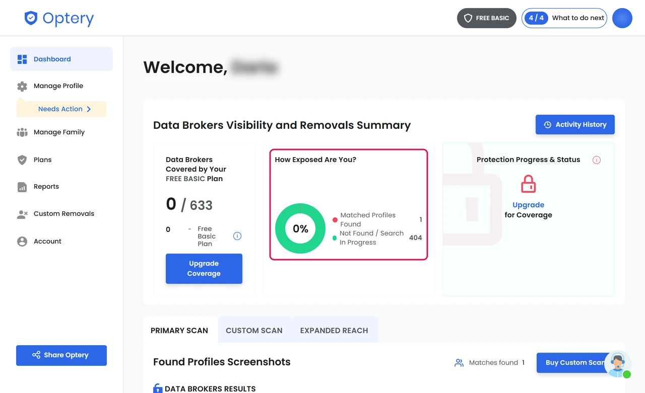 Optery dashboard after the first scan on the free Basic plan, one matched profile