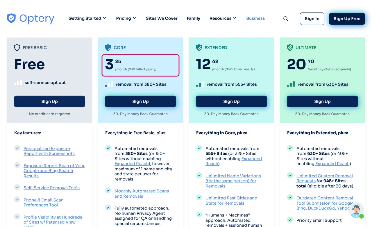 Optery pricing page with yearly prices for Core, Extended and Ultimate