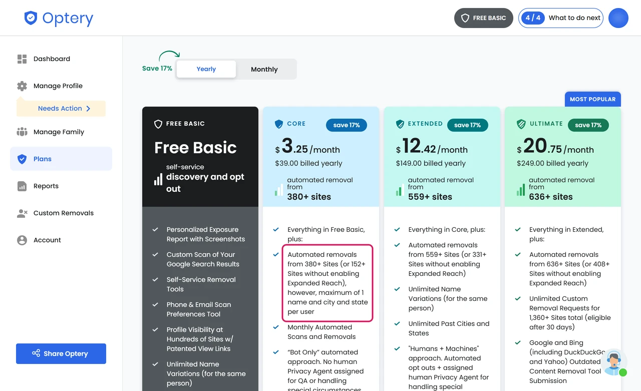Optery plans page inside the account, Core plan at $39 billed yearly