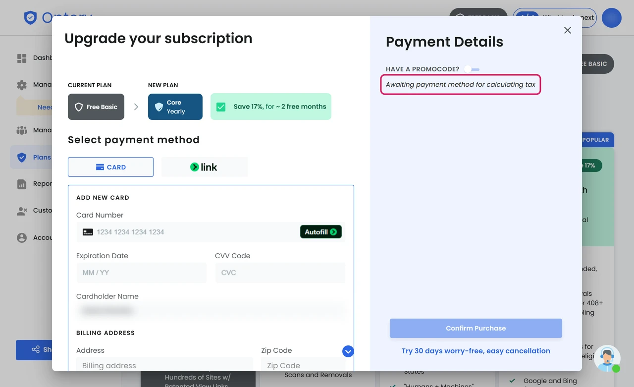 Optery review: Core yearly checkout waiting for a card before showing tax or a total