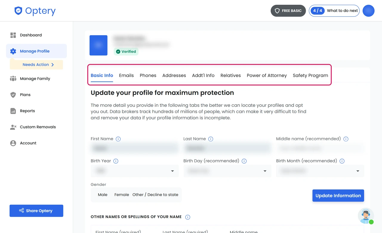 Optery Manage Profile screen with tabs for emails, phones, addresses, relatives and power of attorney