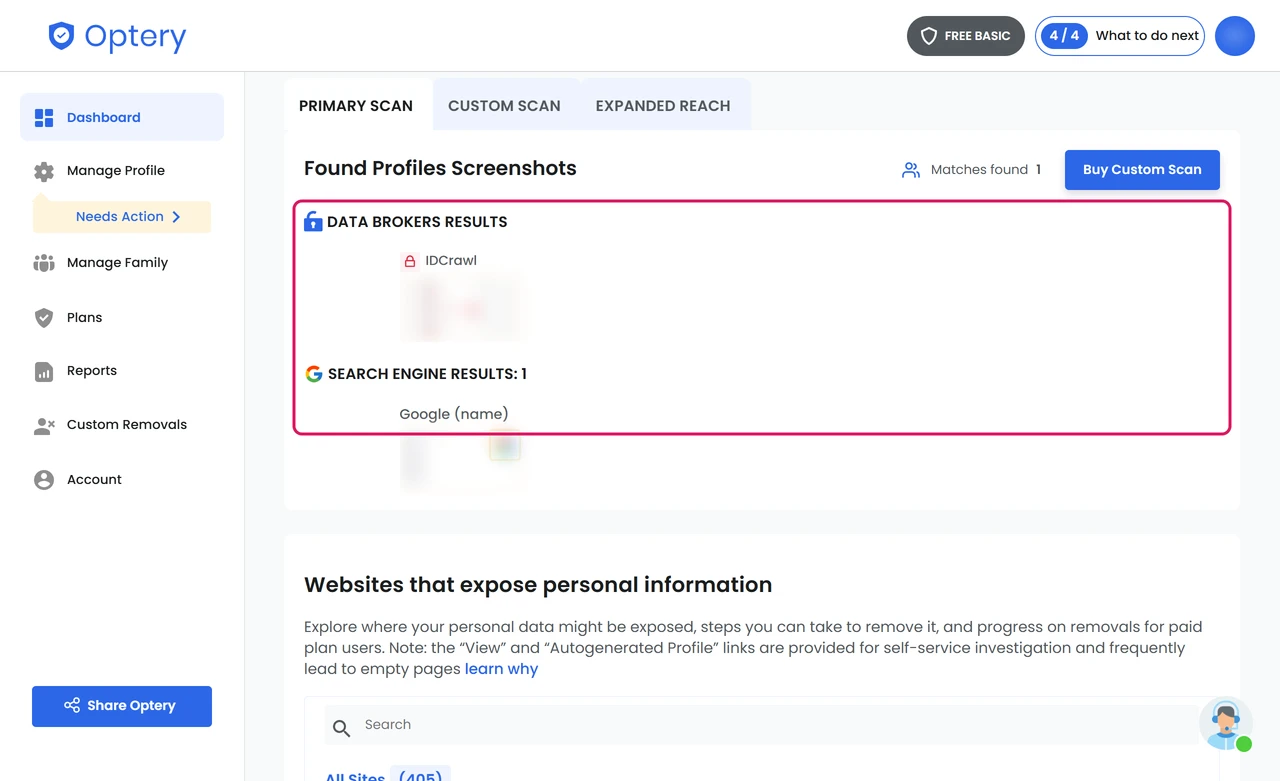 Optery found profiles section with one data broker match and one Google result, screenshots blurred
