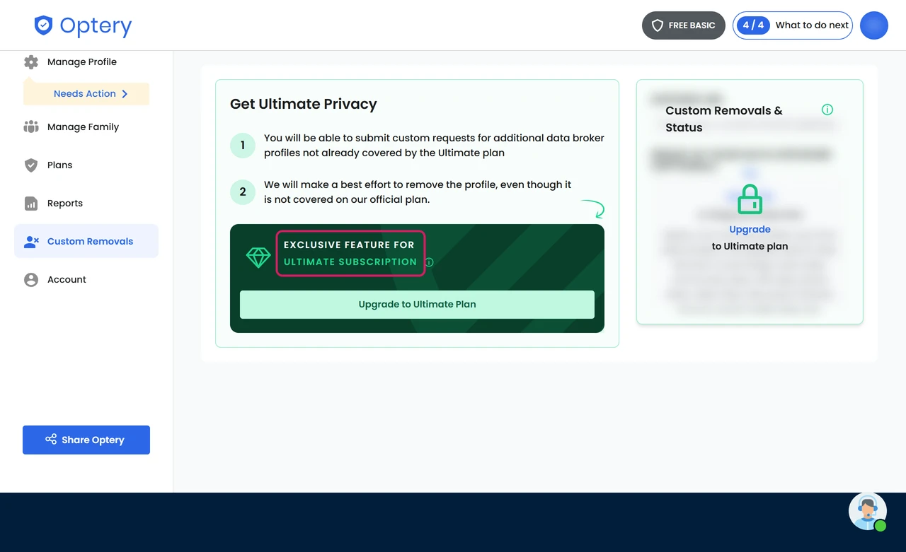 Optery custom removals page locked to the Ultimate plan on a free account