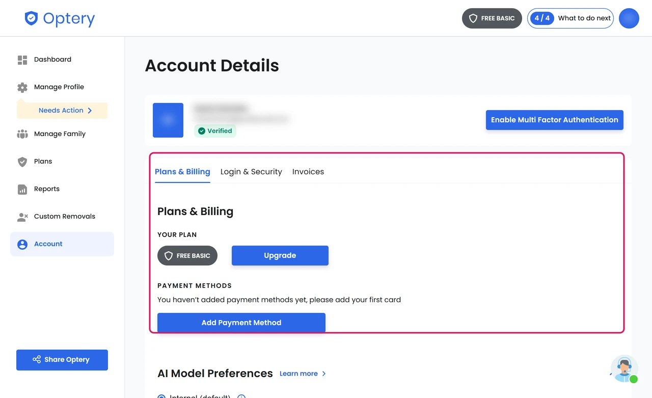 Optery Plans and Billing on a free account with an Upgrade button and no cancel option