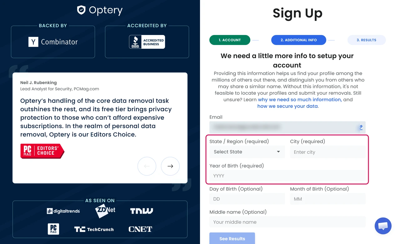 Optery sign-up step 2 asking for state, city and year of birth