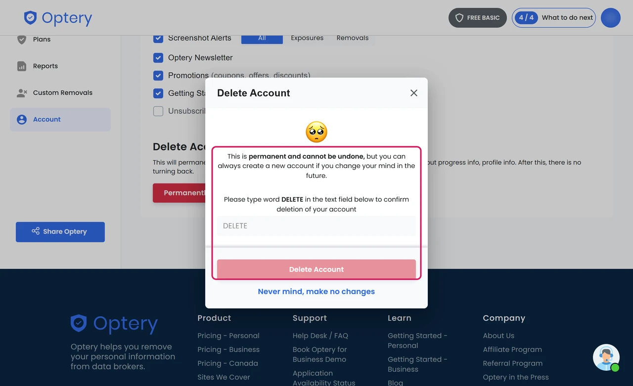 Optery delete account dialog asking you to type DELETE