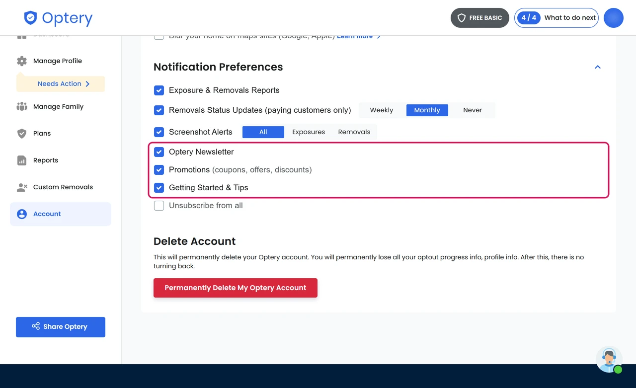 Optery notification preferences with newsletter and promotions checked by default