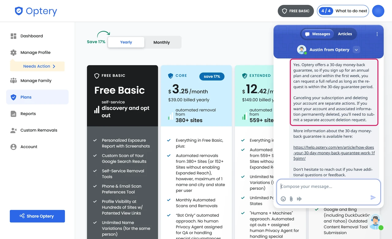 Optery support chat reply about the 30-day refund and separate account deletion