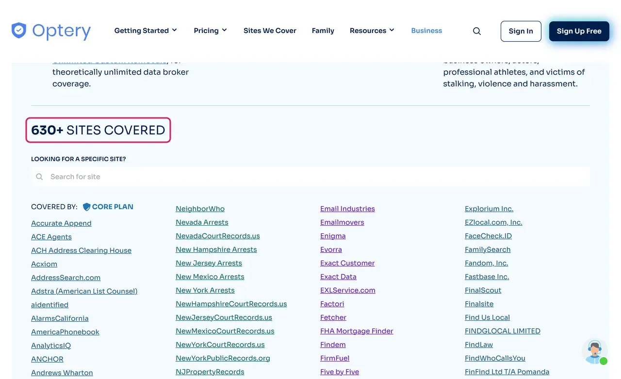 Optery Sites We Cover page with the heading 630+ sites covered