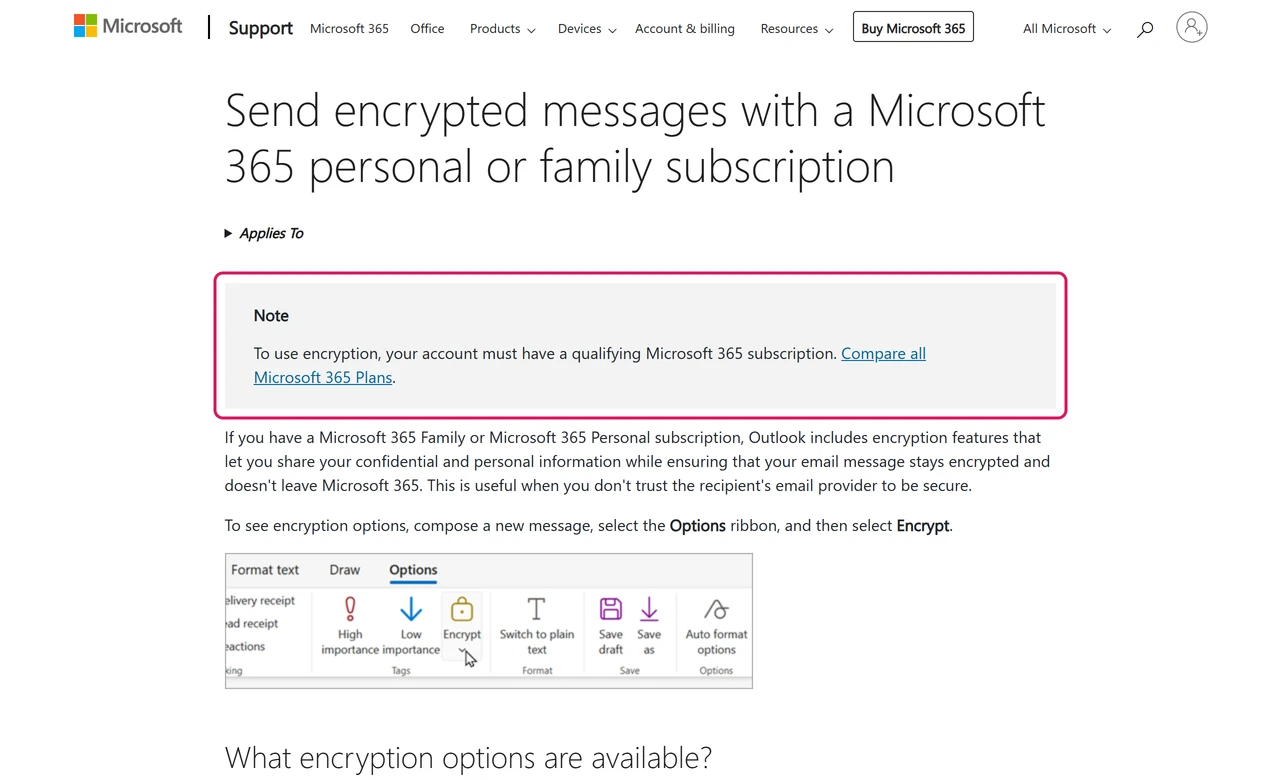 Microsoft Support note saying encryption in Outlook needs a qualifying Microsoft 365 subscription, with the Encrypt button on the Options ribbon below