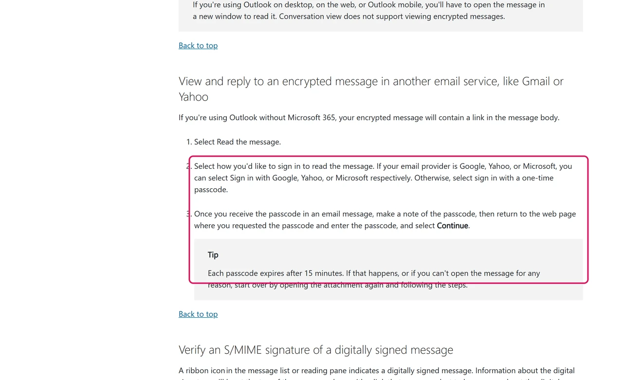 Microsoft Support steps for opening an encrypted Outlook message in Gmail or Yahoo with a one-time passcode that expires after 15 minutes