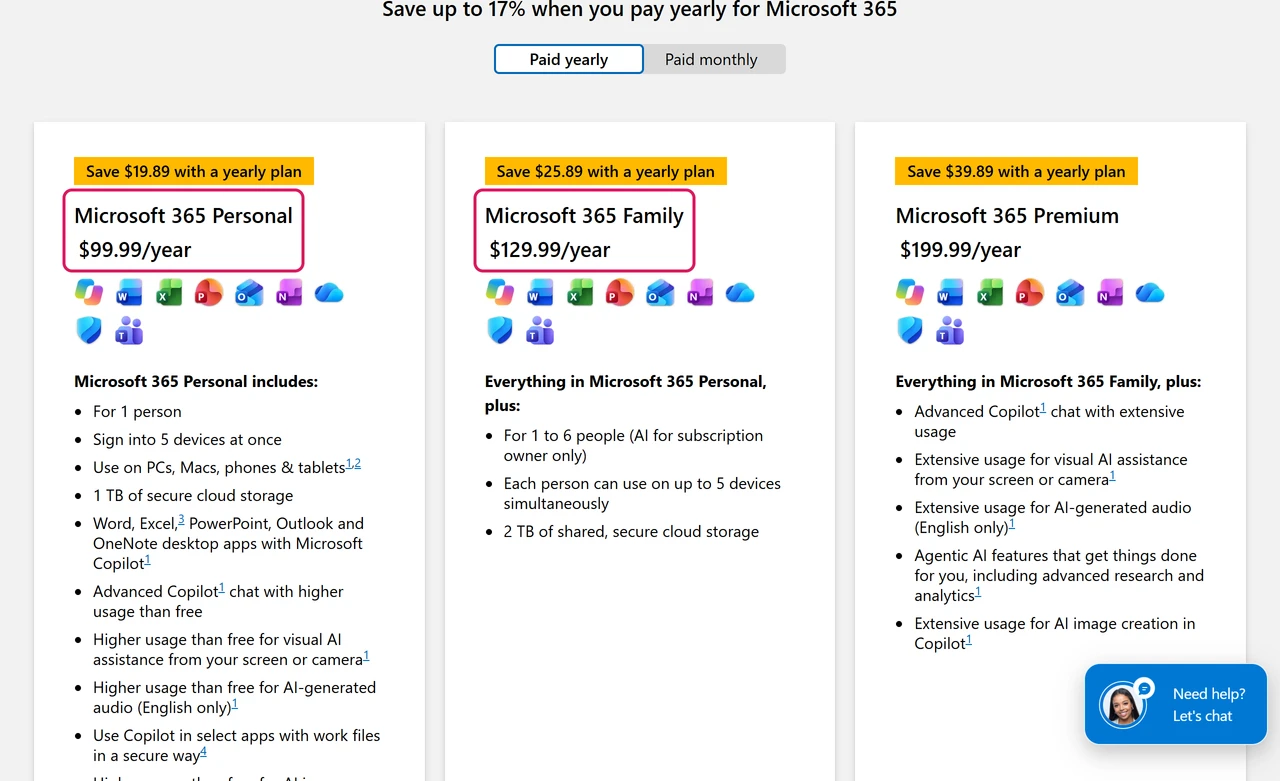 Microsoft 365 plans page showing Microsoft 365 Personal at $99.99 a year and Microsoft 365 Family at $129.99 a year