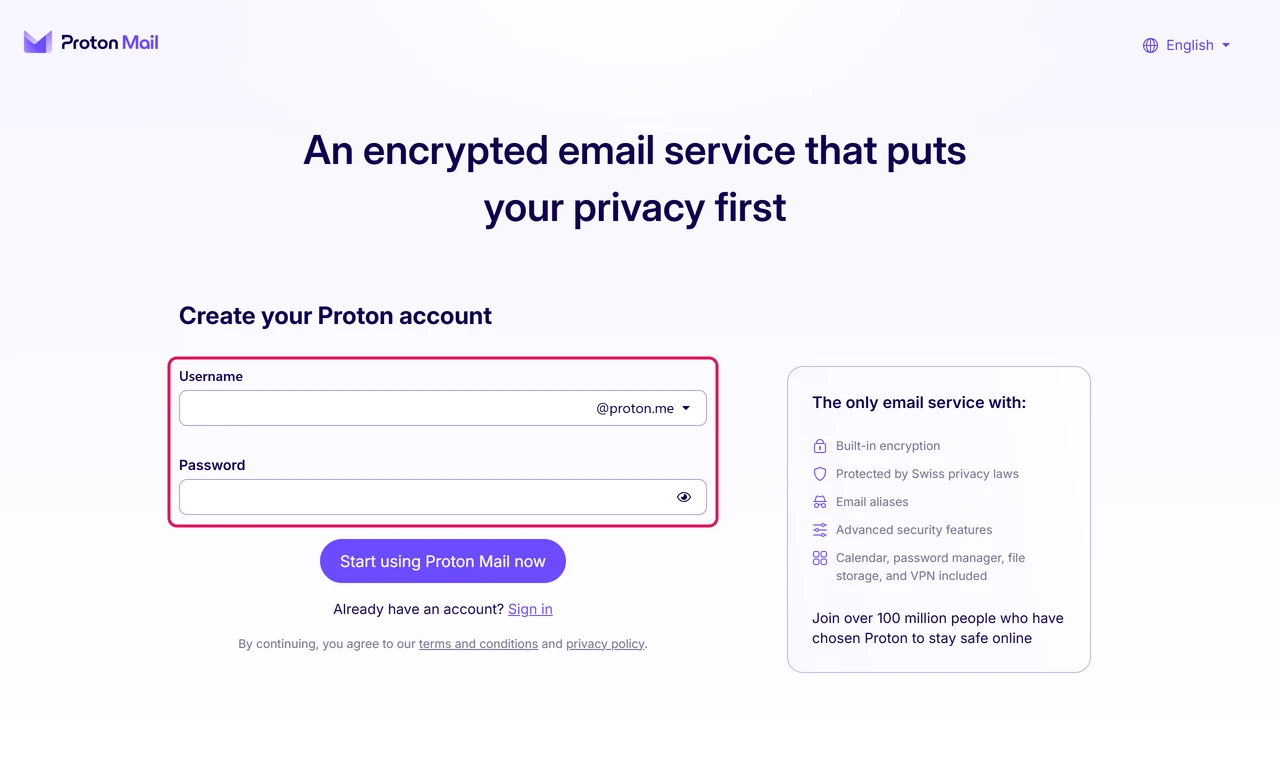 Proton Mail free signup form asking for a username and a password