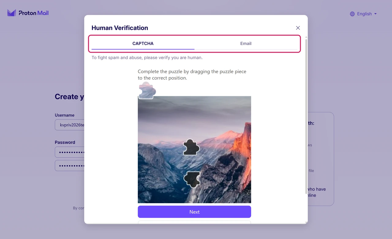 Proton Human Verification window with a CAPTCHA tab and an Email tab