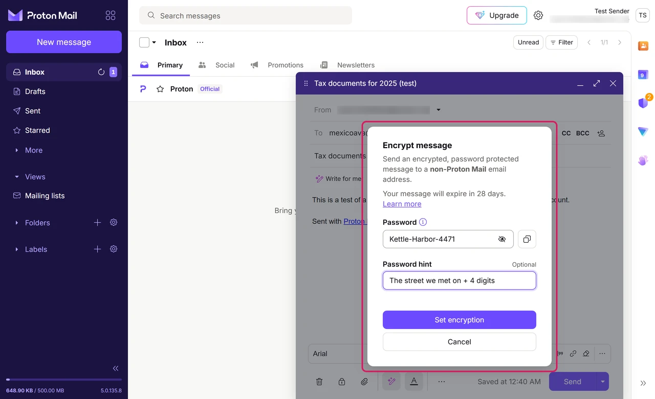 Proton Mail Encrypt message dialog with password and password hint fields and a note that the message expires in 28 days