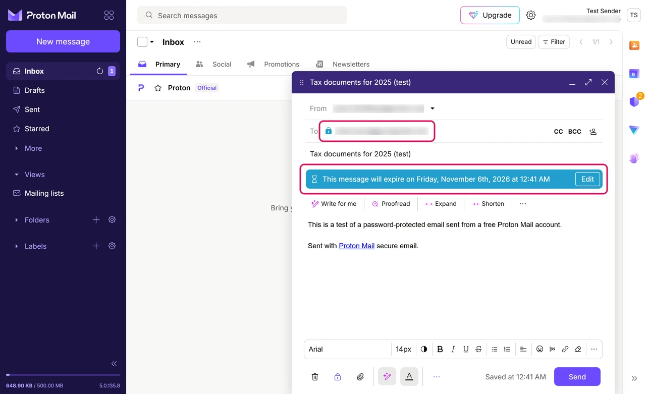 Proton Mail composer with a lock next to the recipient and a banner saying the message will expire on November 6, 2026